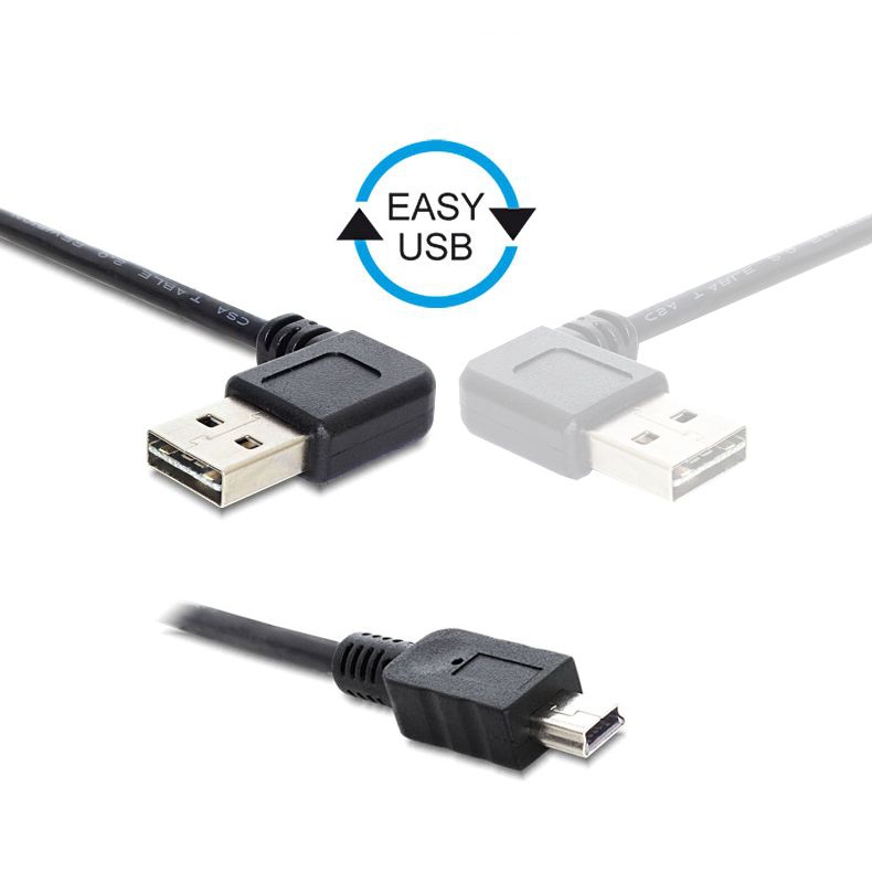 Câble USB A coudée vers Mini B, prise A enfichable 90° à gauche ou à droite, 50cm