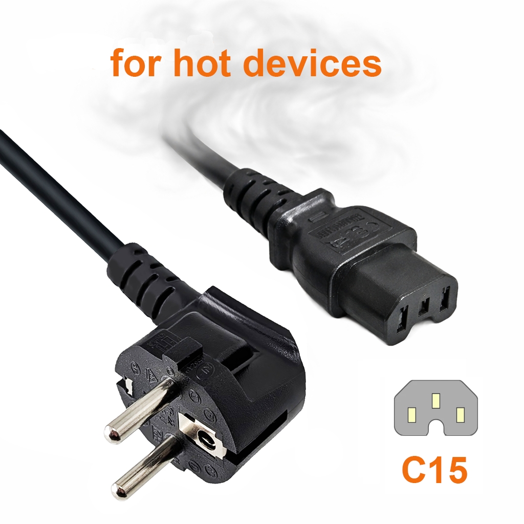 Câble secteur CEE 7/7 90° sur fiche pour appareil chaud C15, 1mm², VDE, noir, longueur 70cm
