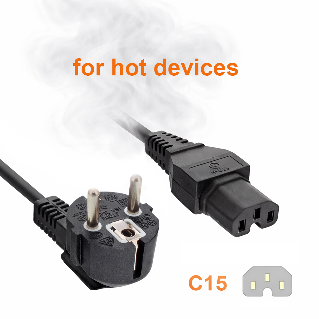 Câble secteur CEE 7/7 90° sur fiche pour appareil chaud C15, 1mm², VDE, noir, longueur 3m
