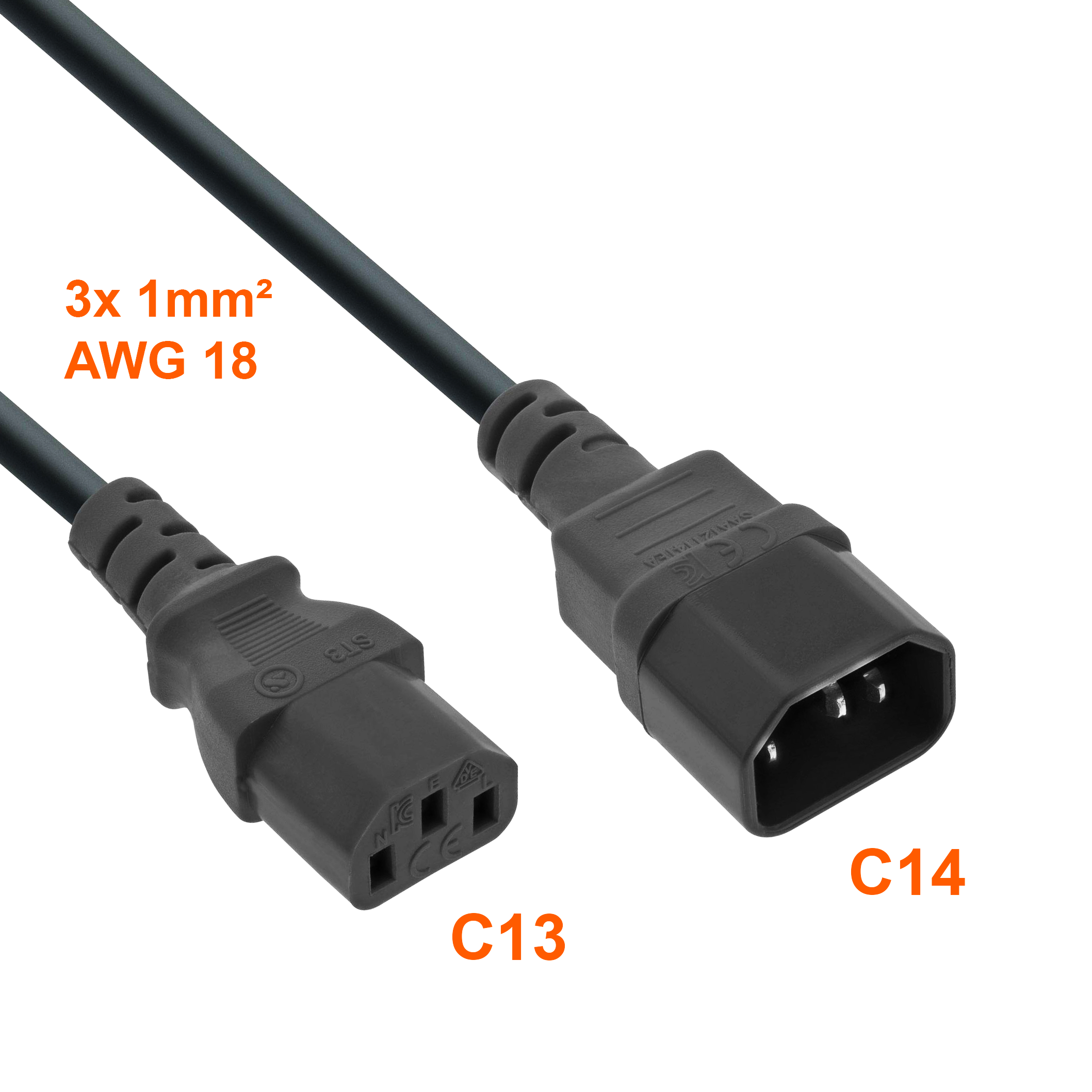 Rallonge d'alimentation secteur C13 vers C14 3x1mm² 3m