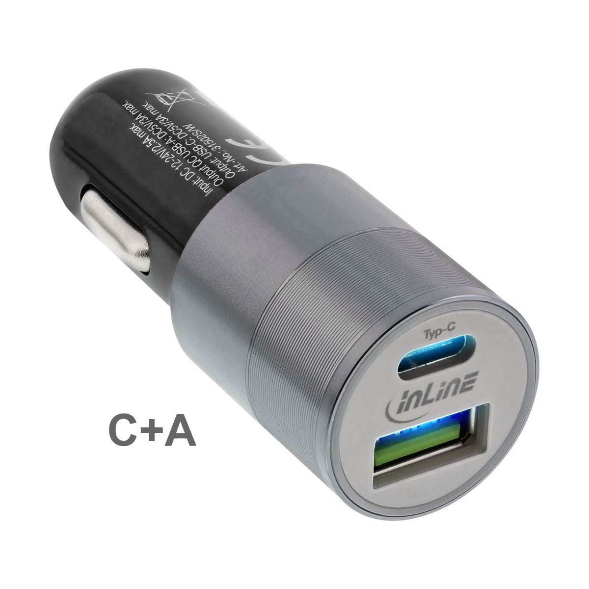 USB car power adapter Quick Charge 5V DC/3A with USB-A + USB Type-C