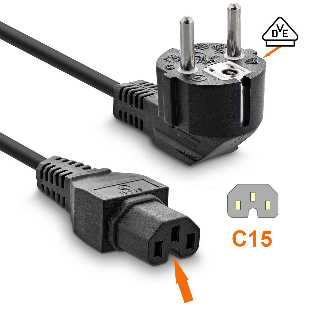 Câble secteur CEE 7/7 90° sur fiche pour appareil chaud C15, 1mm², VDE, noir, longueur 3m