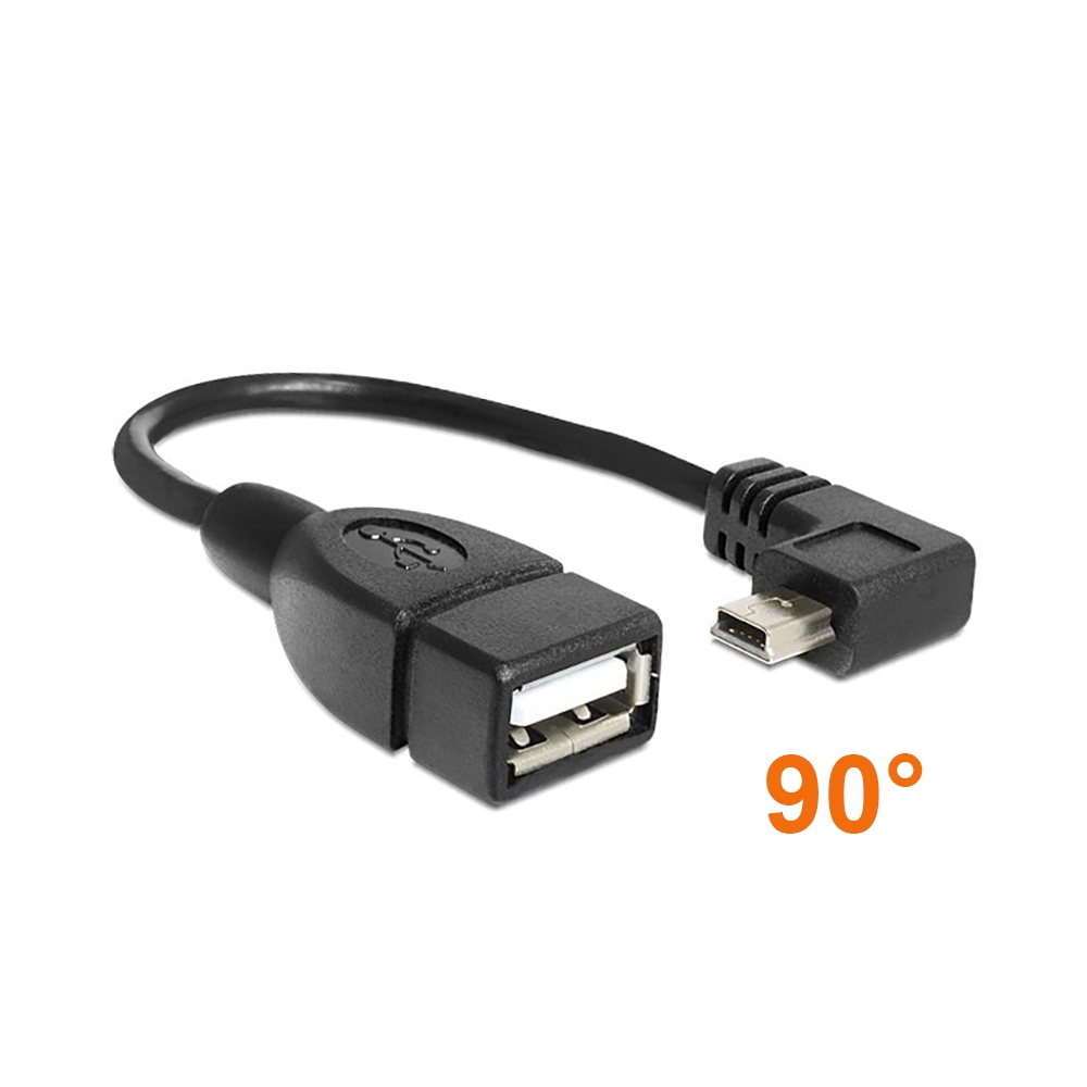 Câble USB Mini B 90° coudé à DROITE vers USB A femelle OTG 16cm