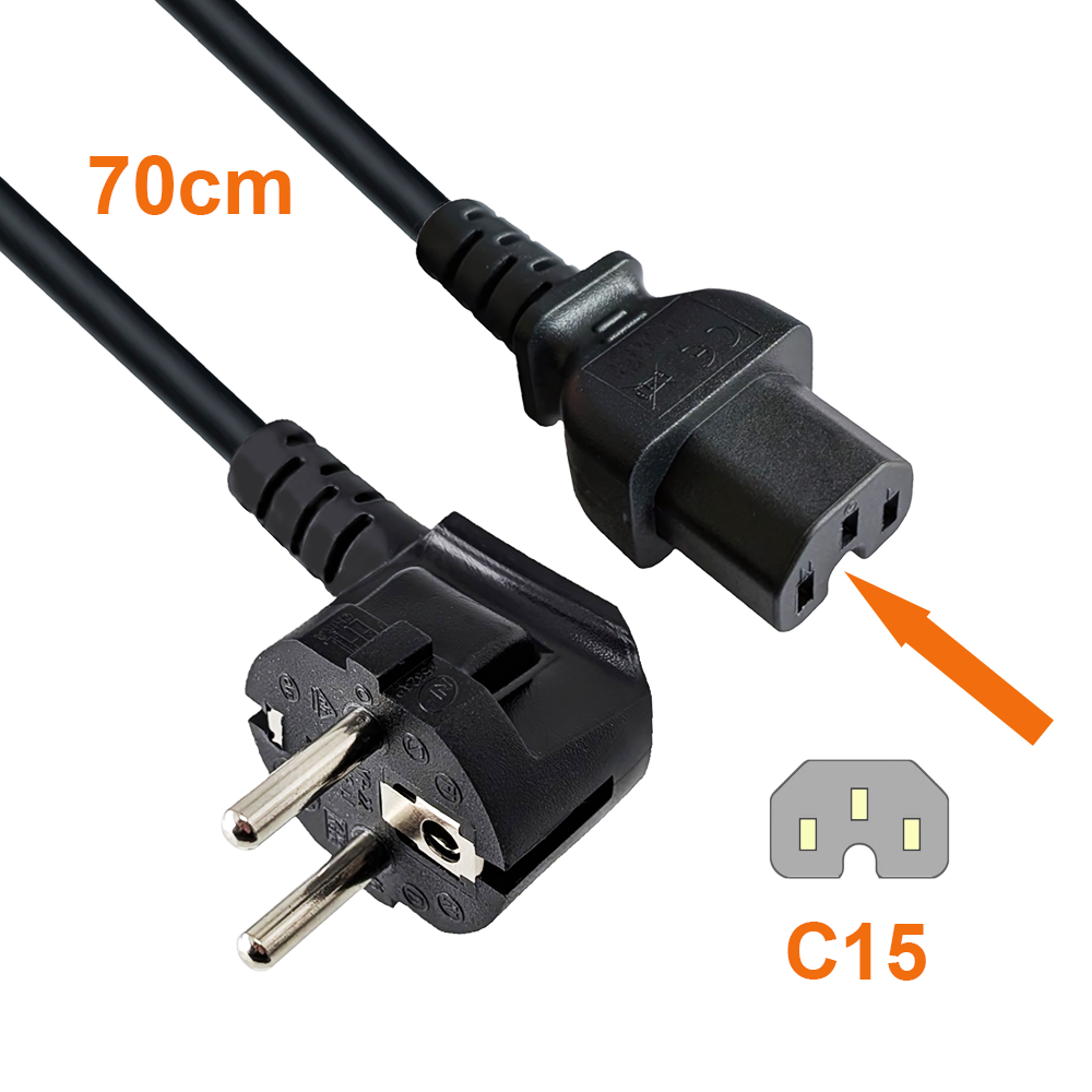 Câble secteur CEE 7/7 90° sur fiche pour appareil chaud C15, 1mm², VDE, noir, longueur 70cm
